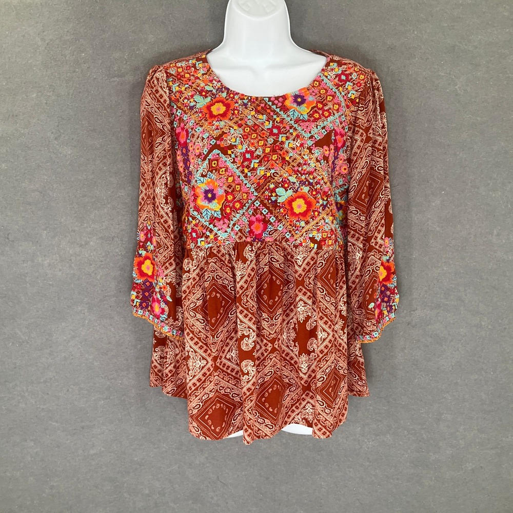 Savanna Jane Embroidered Floral Paisley Peasant Blouse Top Womens Sz M